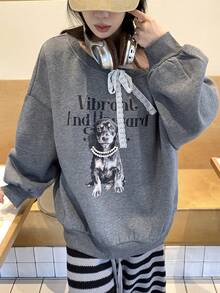 DAZY Sweat-shirt en polaire pour femmes, automne/hiver, épaule oblique dénudée, imprimé chiot décontracté, décoration de perles, lacets bicolores, style ado - Gris foncé - Voir 7
