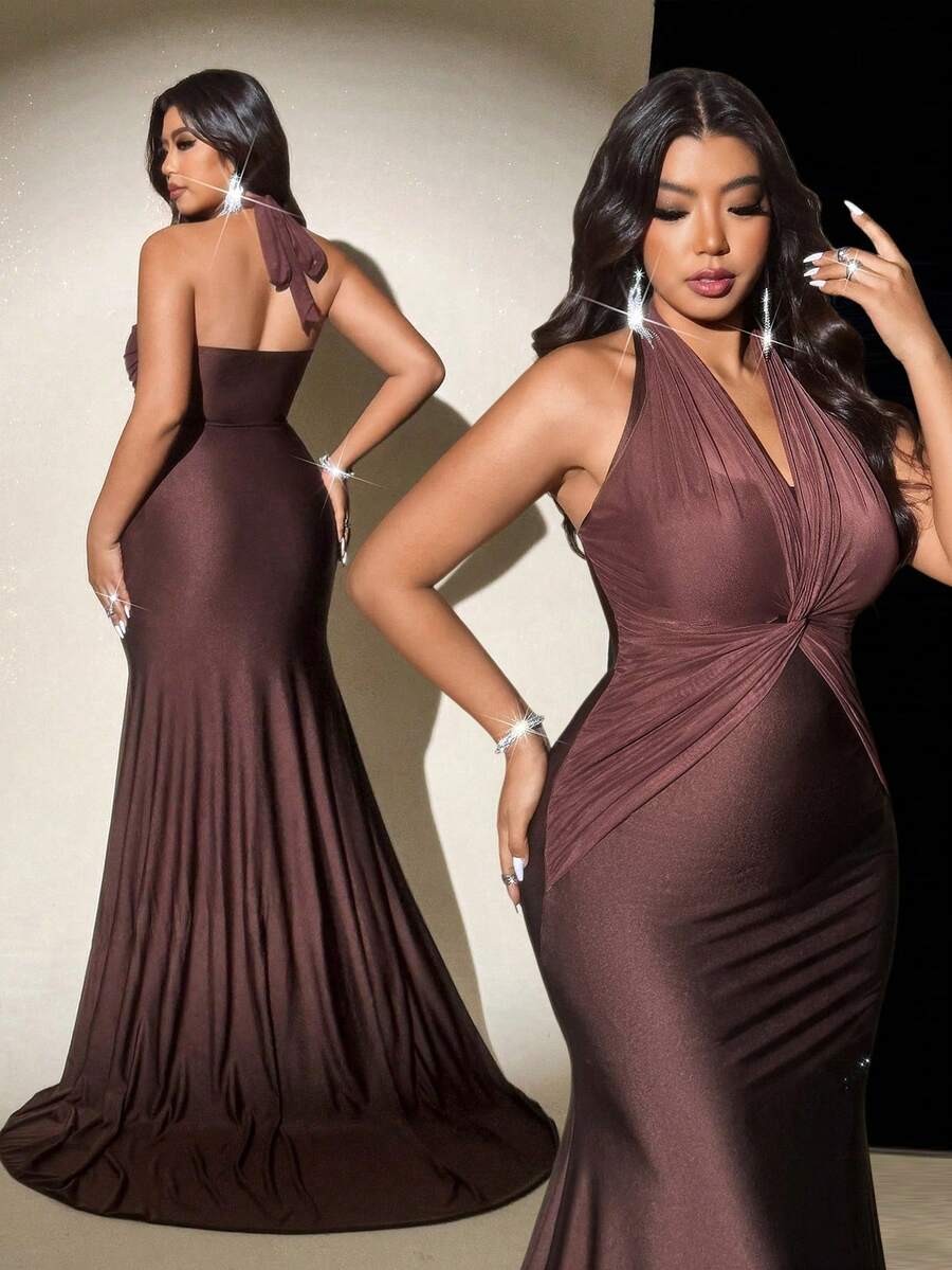 Viva Relle 大码女士性感露背扭结金属扣超长美人鱼礼服，适合派对、婚礼、生日等场合 - 咖啡棕 - 查看 1