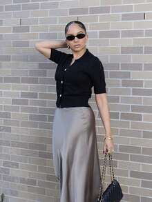 Melissa Matos Women's Solid Color Simple Daily A-Line Skirt Maxi Women Outfit - Khaki - View 6