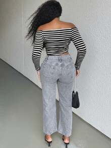 Alexandranx 女士日常外出穿的垃圾摇滚风灰黑条纹针织露肩长袖T恤 - 黑與白 - 查看 2