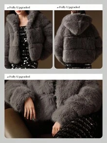 Anewsta Short Hooded Fluffy Faux Fur Patchwork Fashion Jacket, Autumn/Winter - Dark Grey - View 3