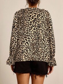 Freevana Plus Size Women's Casual Fashionable Street Style Vacation Leopard Print V-Neck Ruffle Sleeve Loose Blouse, Spring/Autumn - Apricot - View 2
