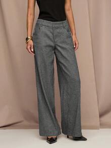 SHEIN BAE Quần ống đứng dáng rộng màu trơn có túi dành cho nữ đi làm thường ngày - Màu xám đen - Xem 3