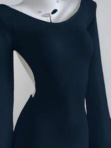 Elamini Women's Autumn/Winter Minimalist Sexy Open Back Flare Sleeve Fitted Sweater Dress - Navy Blue - View 4
