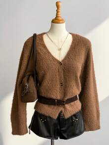 SHEIN Unity Autumn/Winter New Commuting Versatile Faux Fur V-Neck Slim Fit Women Cardigan Sweater - Brown - View 6