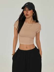 SHEIN PETITE 小号黑色露背T恤，适合夏季穿着 - 卡其色 - 查看 4