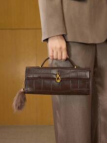 MOTF PREMIUM 女士优雅复古鳄鱼压纹手提包，搭配精致五金锁扣和毛绒挂饰，适合日常通勤购物场景 - 咖啡 - 查看 7