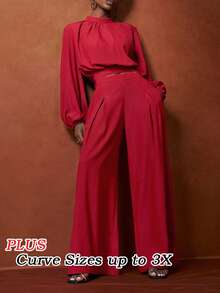 Slaydiva Phong cách mới đầu thu, phù hợp cho tiệc sinh nhật, tựu trường, phong cách học đường, mặc hàng ngày, thường ngày, kỳ nghỉ, du lịch biển, tắm nắng, thanh lịch, đi làm, công sở, bộ đồ 2 mảnh cỡ lớn dành cho nữ gồm áo dài tay cổ đứng và quần ống đứng xếp ly có túi và khóa kéo, màu đỏ tía, cuối hè đến đầu thu, trang phục màu đỏ cho nữ, quần ống rộng cho nữ, bộ đồ phối màu đỏ cho nữ, trang phục ngày Valentine. - Đỏ - Xem 3