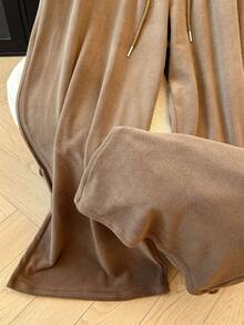 GlowEve CURVE Pantalon ample en polaire de couleur unie avec cordon de serrage, grande taille, automne/hiver - Tabac - Voir 3