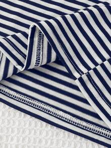 Genkimix Kids Young BoyStriped Jacquard Black & White Stripe Funny Smiling Face English Text Casual T-Shirt, Suitable For Layering Or Outerwear - Blue and White - View 4