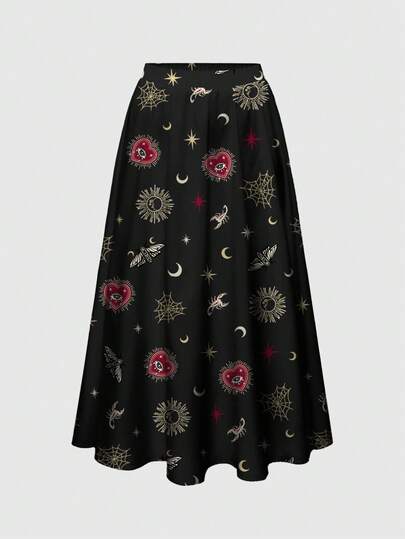 Goth Gonna ampia a-line con stampa gotica, mistica, di cuori, sole e luna, celeste, taglie comode e grandi