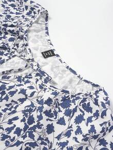 EMERY ROSE Plus Size Women All-Over Print Front Tie Long Sleeve Casual Shirt - Navy Blue - View 5
