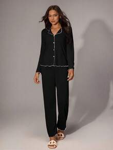 Lazeform Women's Black Lapel Open Front Ruffle Trim Contrast Color Super Soft Draping Spring Autumn Knit Fabric Long Sleeve Top And Pants, Minimalist Casual Loose 2-Piece Pajama Set, Fall & Winter Clothes