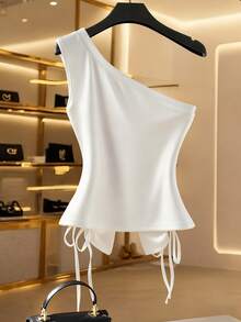 Franclia 侧腰褶皱蝴蝶结不对称领口露肩金属拉链白色街头风女式上衣，适合秋季穿着；全白秋冬女式针织弹力面料；个性十足的美式辣妹风小众上衣；欧美性感酷炫背心 - 白色 - 查看 2