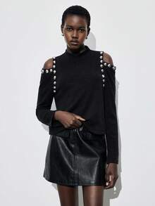 Maija Women's Black Knitted Fabric Long Sleeve Round Neck Regular T-Shirt With Rivet Cold Shoulder Detail Studded Top Black Western Top Black Sweater - Black - View 4