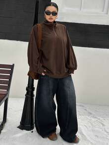 Dazy Plus Plus Size Women Half-Zip Solid Color Long Sleeve Pullover Sweatshirt, Street Style - Coffee Brown - View 4