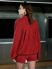 Airlisse Damen Herbst/Winter Crop Hoodie & Shorts Set mit tiefer Taille 2 Stücke, sexy, geeignet für Abschluss, Schulanfang, Lässig, Pendeln, Alltag - Bordeaux - Übersicht 3