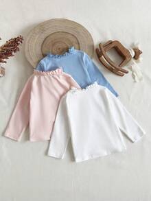 SHEIN 3pcs Baby Girls Cute Bow Ruffle Hem Candy Color Long Sleeve Top Set - Multicolor - View 2