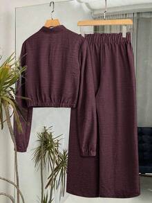 SHEIN LUNE Bộ áo thun trơn màu đơn sắc có khóa kéo và quần cạp chun - Màu tím - Xem 2