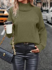 SHEIN LUNE Solid Color Turtleneck Casual Versatile Long Sleeve Pullover Sweater - Army Green - View 4