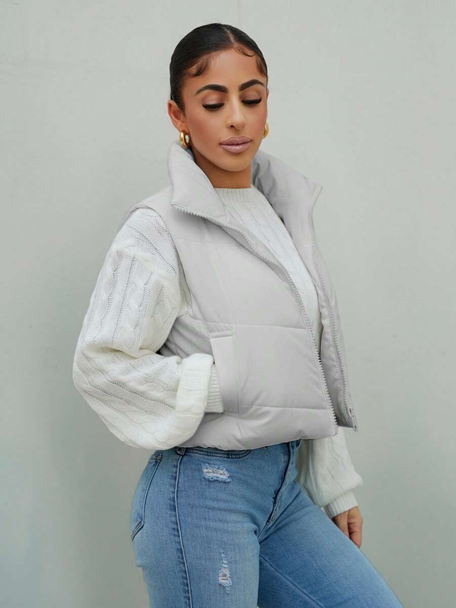 SAYEHFBABY 女士短款纯色前拉链背心、冬季夹克 - 淺灰色 - 查看 1