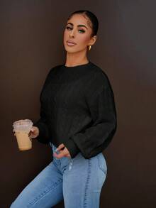 SAYEHFBABY 女士休闲纯色落肩落肩粗针织短款毛衣、长袖上衣 - 黑色 - 查看 4