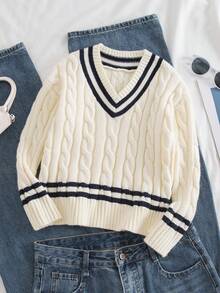 SHEIN Sweater Pullover Tebal Kasual Longgar Leher V dengan Motif Garis-Garis Kontras Warna, Biru Tua dan Putih, Musim Gugur, Sekolah, Pakaian Preppy untuk Kembali ke Sekolah untuk Anak Perempuan Remaja - Krem - View 1