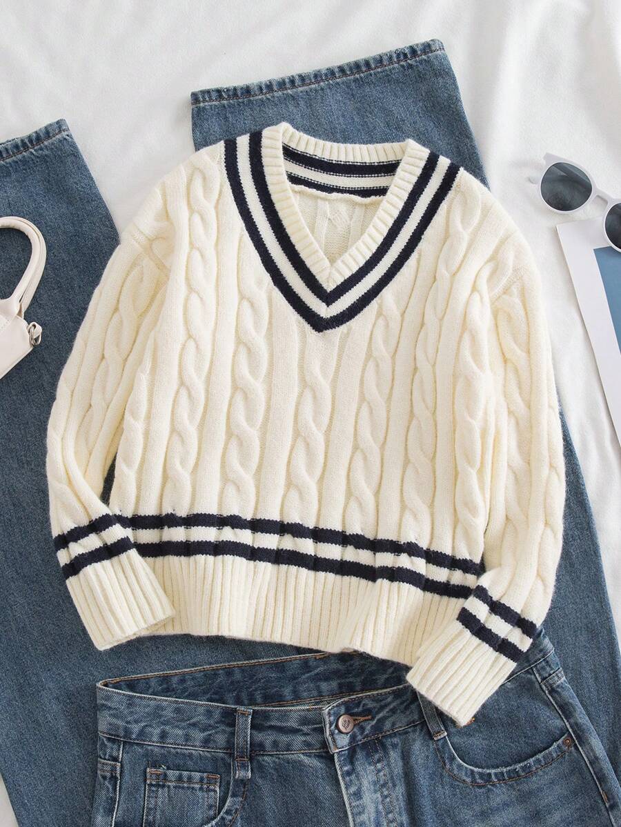 SHEIN Sweater Pullover Tebal Kasual Longgar Leher V dengan Motif Garis-Garis Kontras Warna, Biru Tua dan Putih, Musim Gugur, Sekolah, Pakaian Preppy untuk Kembali ke Sekolah untuk Anak Perempuan Remaja - Krem - View 1