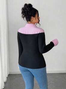 Elenzga Plus Size Women Casual Commuter Striped Splice Contrast Color Slim Fit Long Sleeve T-Shirt, Autumn/Winter - Multicolor - View 2