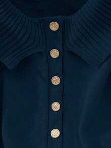Franclia Button Decor Off Shoulder Solid Color Elegant Long Sleeve Sweater - Navy Blue - View 4