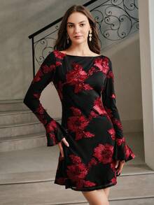 Anewsta Elegant Flare Sleeve Mesh Lace-Up Embroidered Short Dress, Suitable For Wedding Events, Fall - Burgundy - View 3