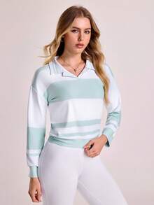 SHEIN Sports 女士休闲简约撞色条纹运动Polo衫 - 彩色 - 查看 5