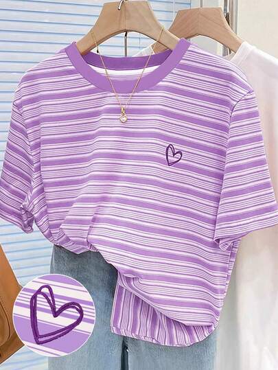 SHEIN Multi-Color Striped Digital Print & Heart Embroidery Regular Crew Neck T-Shirt
