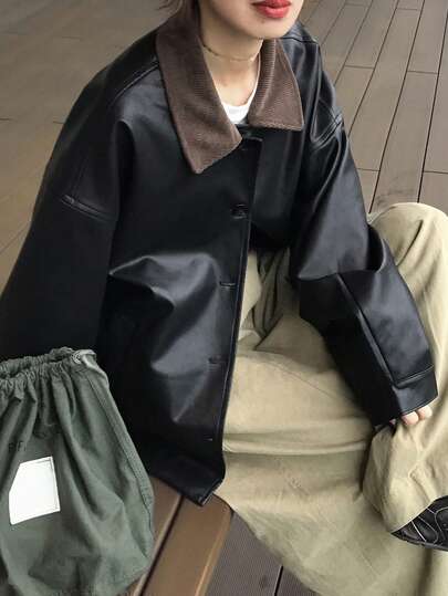 FRIFUL 女士仿皮拼接灯芯绒领宽松休闲撞色夹克