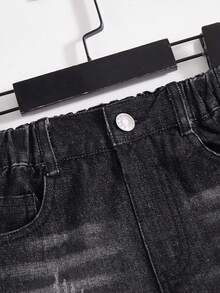 男童复古做旧黑色牛仔裤，街头休闲宽松版型，破洞设计，毛边裤脚，松紧腰带，五口袋设计，柔软棉质牛仔布，适合日常、派对、上学、通勤等场合，秋冬新品 - 黑色 - 查看 6