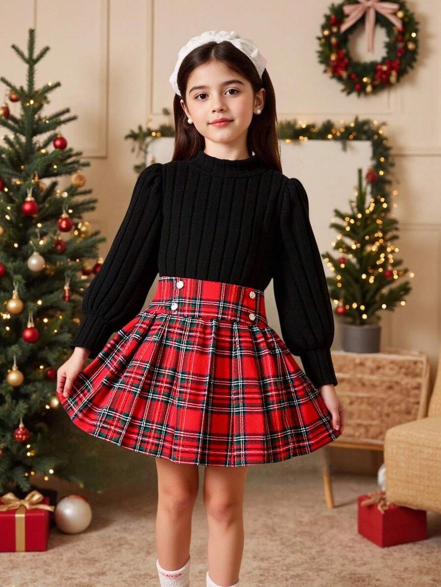 2 件套年轻女孩基本款高领针织泡泡袖上衣和编织格子百褶裙，圣诞装 - 黑色 - 查看 1