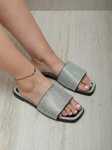 Sandalias planas de mujer con diseño hueco, punta cuadrada, estilo casual, ideales para vacaciones en la playa. - Negro - Ver 2
