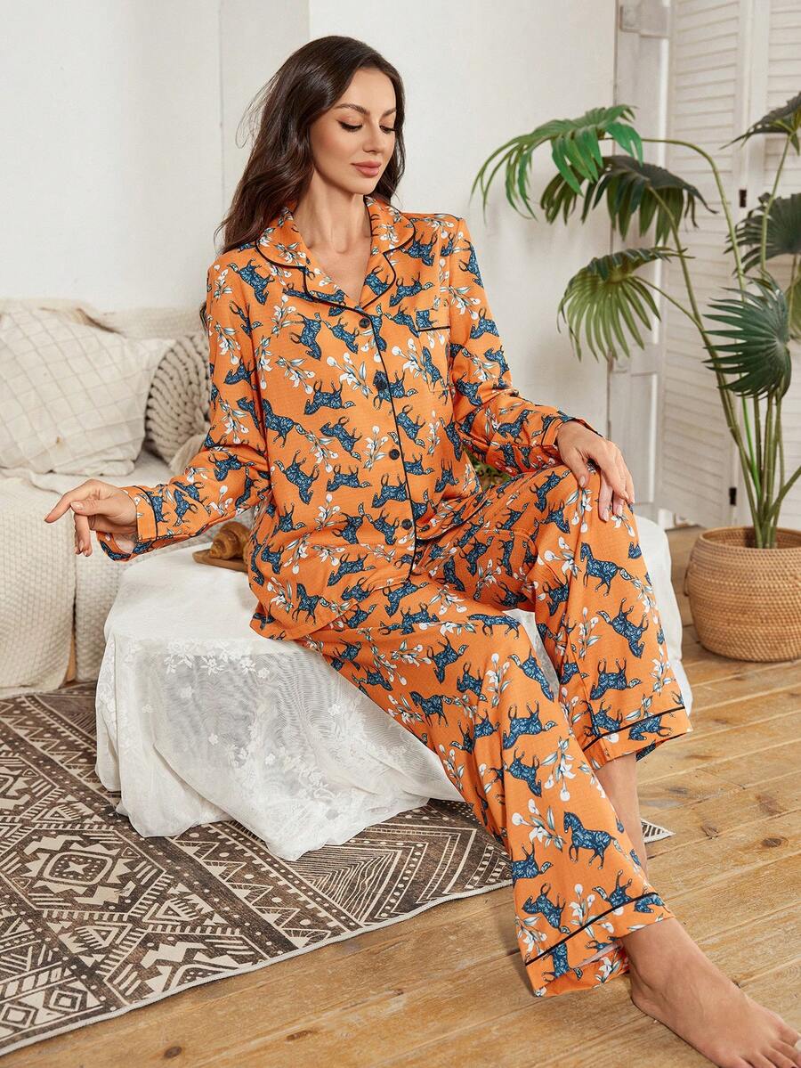 Bubble Wrinkle Print Lapel Long Sleeve Top & Pants Pajama Set, Fall & Winter Clothes - Multicolor - View 1