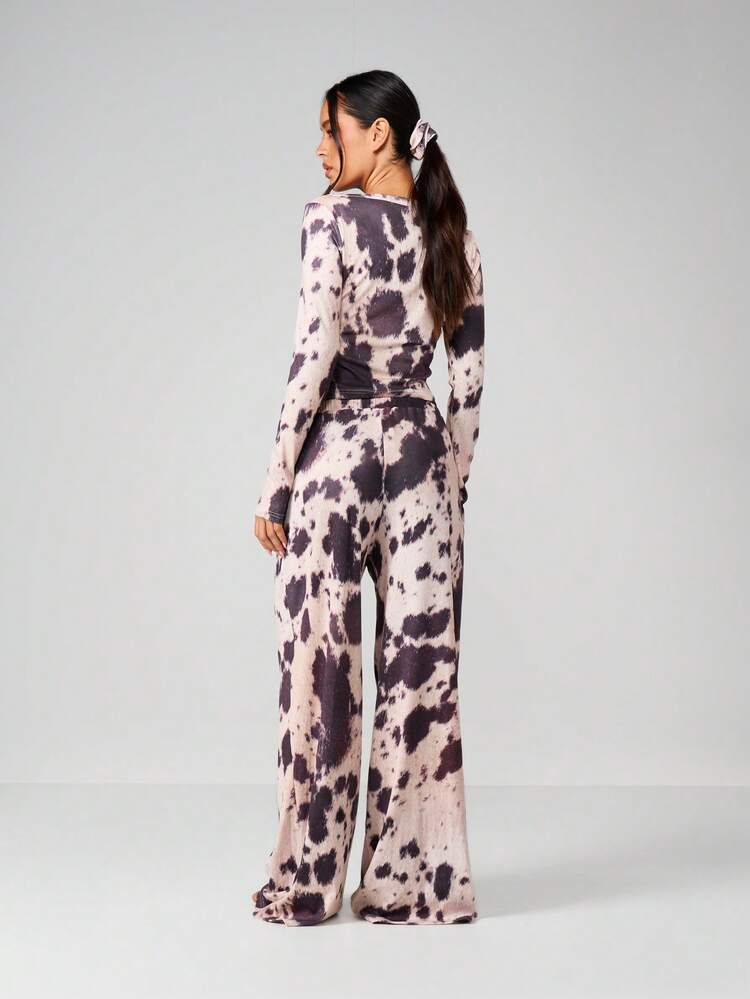MISSGUIDED Women Cow Print Pajama Set Long Sleeve Crop Top Wide Leg Pants Sleepwear Lounge Set