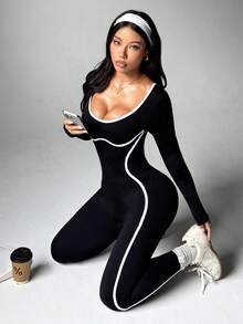 Dewbera Bộ đồ liền thân dài tay tối giản màu tương phản dành cho nữ, đồ thể thao thường ngày - màu đen - Xem 2