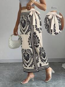 SHEIN PETITE 女士印花裹身系腰半身裙，适合春夏度假穿着