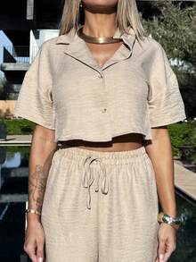 Manon Tanti 2-teiliges Set Damen einfarbiges Kurzarmhemd und Hose, modisch für den Sommer, für zierliche Frauen - Khaki - Übersicht 3