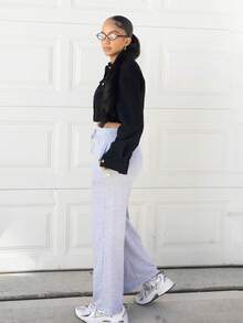 Melissa Matos Spring Outfits Drop Shoulder Flap Detail Crop Corduroy Black Jacket In Fall/Winter ,Petite Women - Black - View 5