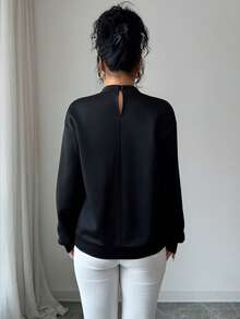 Elenzga Women's Winter Small Round Neck Drop Shoulder Long Sleeve Loose Hem Ribbed Splice Hollow Sequin Trim Elegant Fashion Casual Sweatshirt - Black - View 2