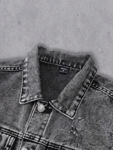 Manfinity Denimwave 男士破洞長袖牛仔夾克，黑色純棉素面派對搖滾說唱風格 - 深灰色 - 查看 3