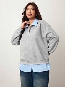 Enliva 大码女式撞色二合一长袖T恤，秋冬款，适合苹果圆润体型/2026/新年 - 灰色 - 查看 4