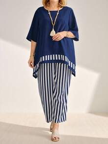 Momelise Plus Size Simple Daily Women's Top And Pants Two-Piece Set, For Summer - Navy Blue - View 3