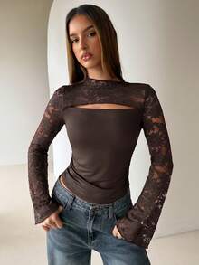 Aloruh Brown Lace Patchwork Hollow Out Flare Sleeve Women T-Shirt - Brown - View 2