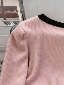 GlowEve 时尚新款黑白撞色方领泡泡袖亮片蝴蝶结玫瑰金纽扣针织二合一短款T恤，女士款，适合派对、节日、圣诞节、万圣节、度假、约会等场合。 - 粉色 - 查看 4