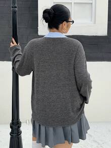 Dazy Plus 时尚休闲撞色拼接衬衫领宽松百搭大码女式T恤，春秋季长袖女装